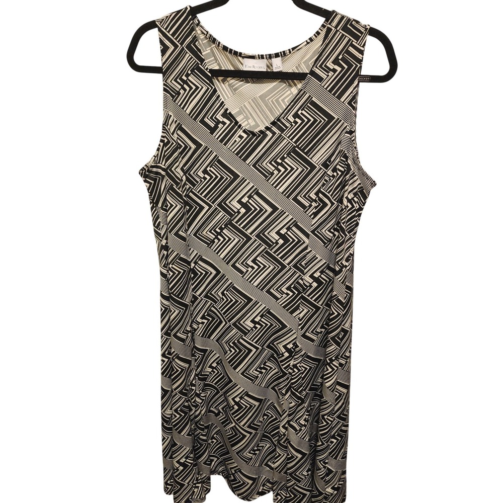 Kim Rogers Womens Black‎ White Geometric Print V-Neck Sleeveless Shift Dress L